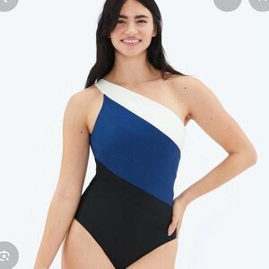 Summersalt One-Shoulder White, Blue, and Black Swimsuit